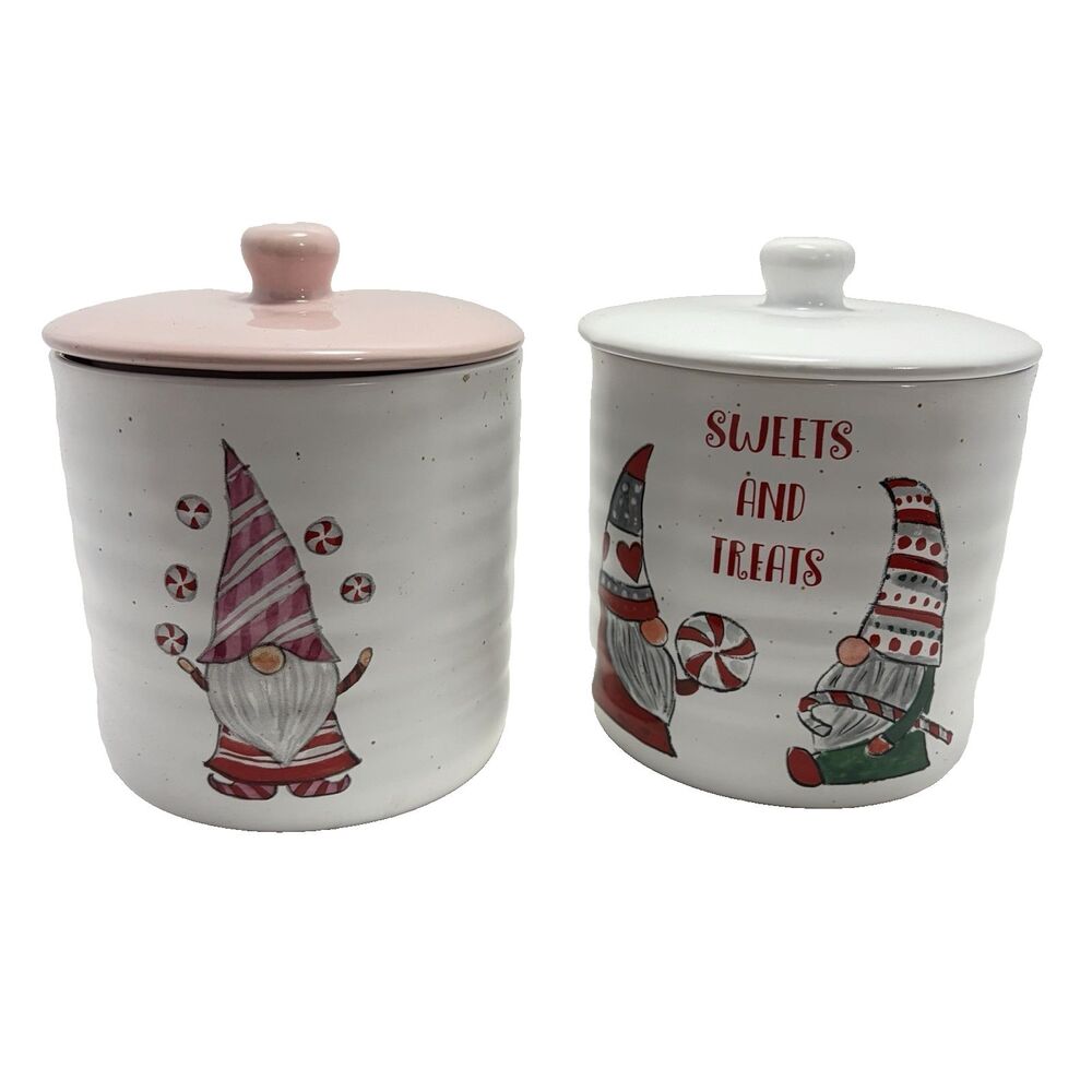 Peppermint & Pine Christmas Set Canisters w/ Lids~ Sweets & Treats Gnome Holiday